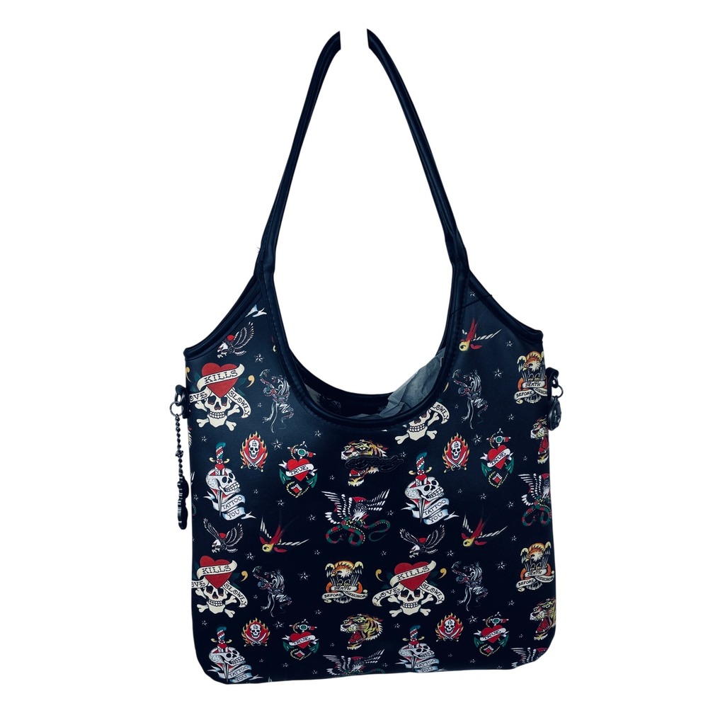 Ed Hardy Vegan Leather Tattoo Print Tote Bag Black Skull Tiger Eagle NWT